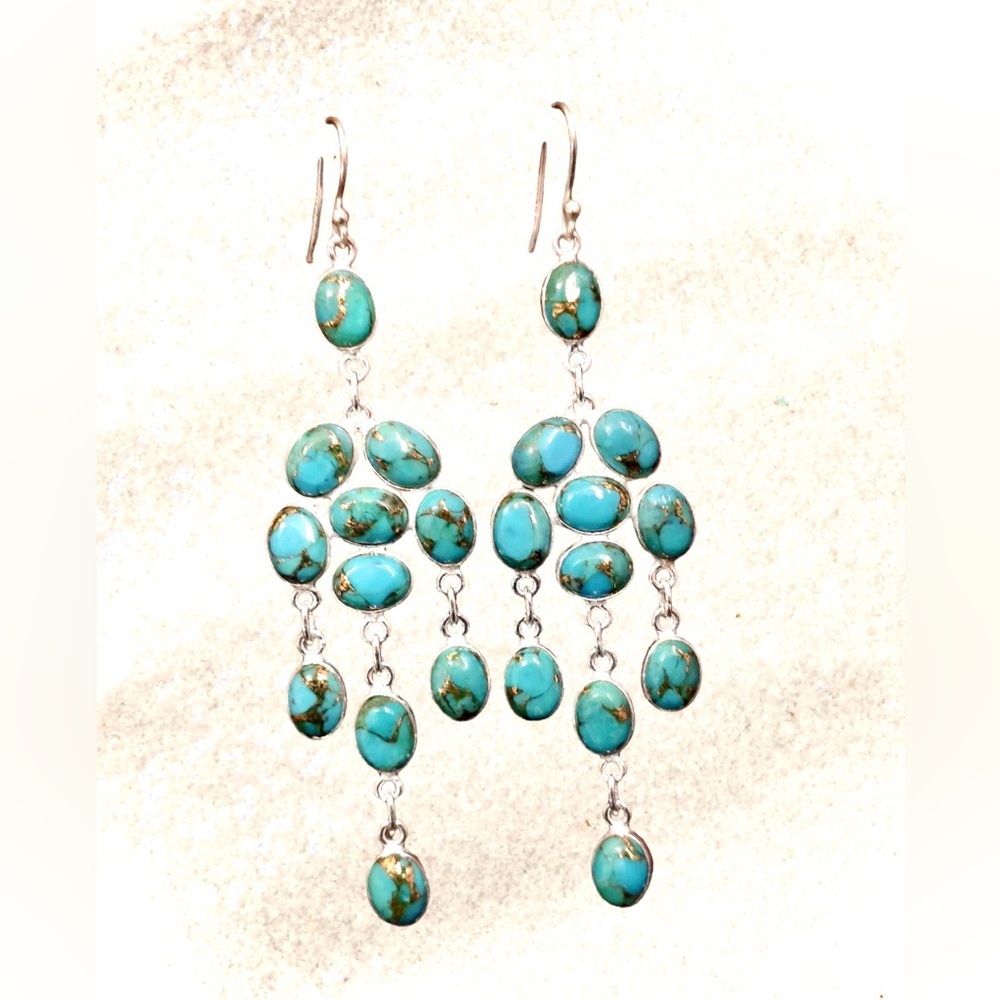 NWT Genuine Turquoise & 925 Sterling Silver Chandelier Dangle Earrings - Picture 3 of 5